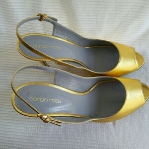 Sergio Rossi Metalic Gold Leather Slingback Sz 8.5